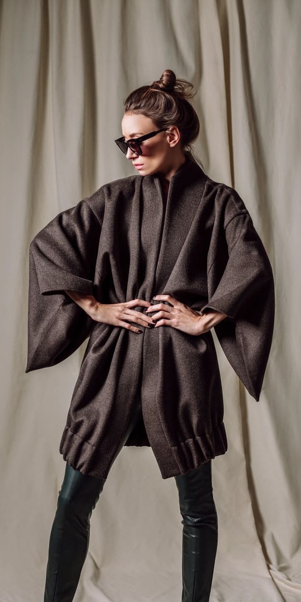 wool kimono jacket brown long